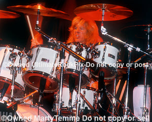 Photo of drummer Dean Roberts of Leatherwolf in concert by Marty Temme