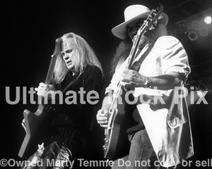 Black and white photo of Rickey Medlocke and Gary Rossington of Lynyrd Skynyrd in 2004 by Marty Temme