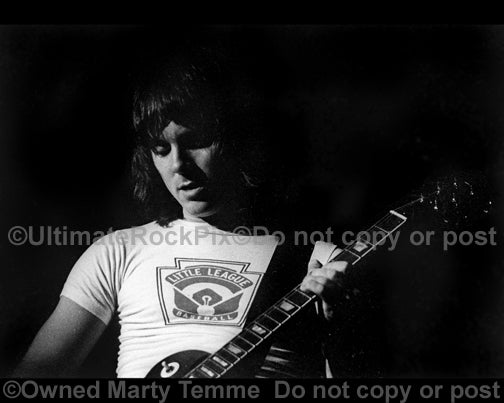 Black and white photo of Ronnie Montrose of Montrose in concert in 1974 by Marty Temme