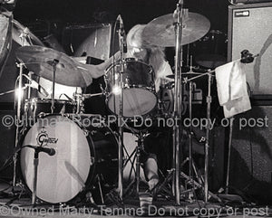 Photo of Paul Riddle of The Marshall Tucker Band playing Gretsch drums in concert in 1974 by Marty Temme