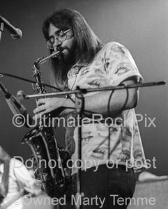 Photo of saxophonist Jerry Eubanks of The Marshall Tucker Band in concert in 1974 by Marty Temme