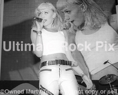 Black and white photo of Gwen Stefani of No Doubt in concert in 1996 by Marty Temme