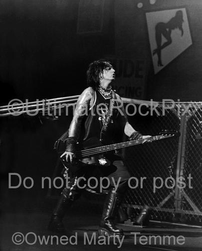 Black and White Photo of Nikki Sixx of Motley Crue in Concert in 2000 by Marty Temme