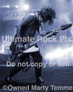 Blue and white art print of Nikki Sixx of Motley Crue in concert by Marty Temme