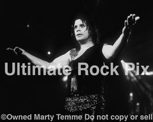 Black and white photo of Ozzy Osbourne in concert in 1989 by Marty Temme