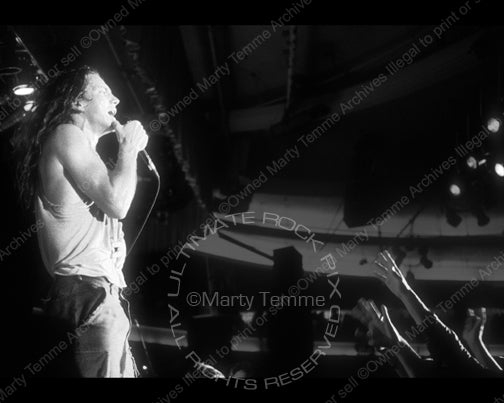 Black and white photo of Eddie Vedder of Pearl Jam in 1991 by Marty Temme
