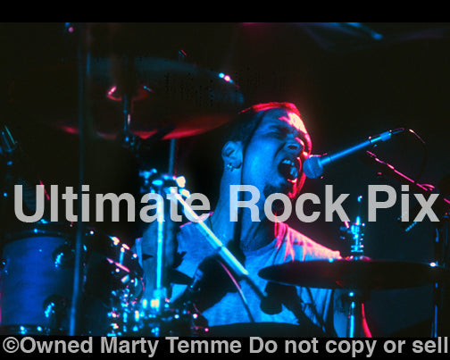 Photo of drummer Ted Parsons of Prong in concert in 1994 by Marty Temme