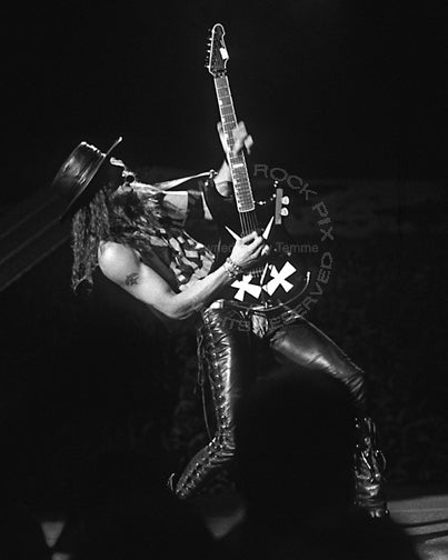 Black and white photo of Chris DeGarmo of Queensryche in concert in 1989 by Marty Temme