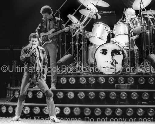 Black and white photo of Freddie Mercury and John Deacon of Queen in 1980 by Marty Temme