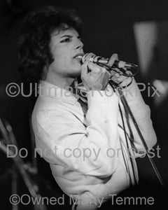 Black and white photo of singer Freddie Mercury of Queen in 1977 by Marty Temme