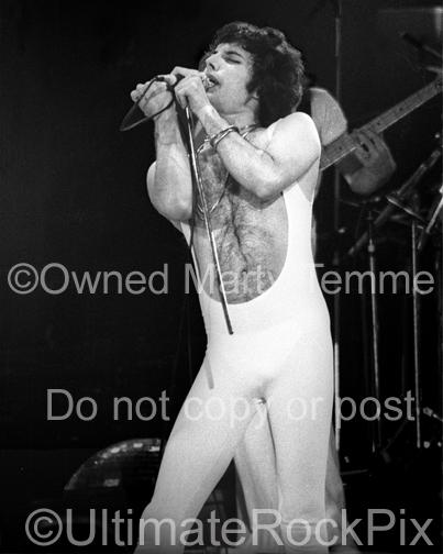 Black and White Photos of Freddie Mercury of Queen Onstage in 1977 by Marty Temme