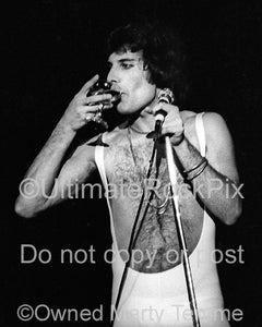 Black and white photo of Freddie Mercury of Queen holding a wineglass onstage in 1977 by Marty Temme