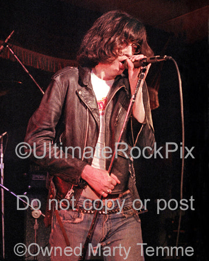 Photo of Joey Ramone of The Ramones in concert in 1978 by Marty Temme