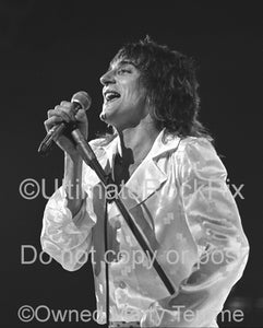 Photo of singer Rod Stewart of Faces performing in concert in 1974 by Marty Temme