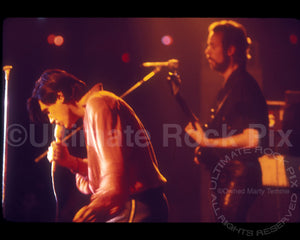 Photo of Bryan Ferry and Phil Manzanera of Roxy Music in concert in 1976 by Marty Temme