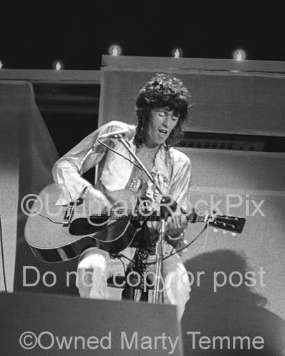 Black and White Photo of Keith Richards of The Rolling Stones Playing a Martin Guitar in Concert in 1973 by Marty Temme