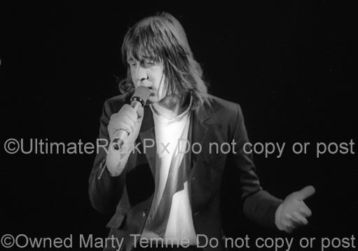 Photo of Todd Rundgren singing in concert in 1981 by Marty Temme