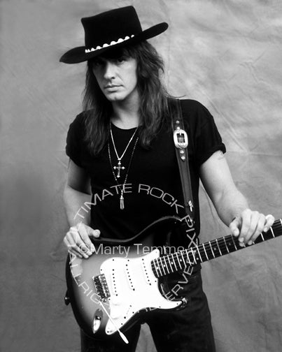 Black and white photo of Richie Sambora with a Stratocaster during a photo shoot in 1991 by Marty Temme
