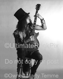 Black and white photo of Slash of Guns N' Roses during a photo shoot by Marty Temme