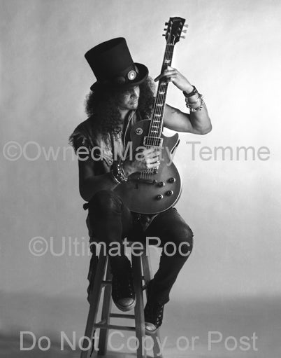 Black and white photo of Slash of Guns N' Roses with his Les Paul during a photo shoot by Marty Temme
