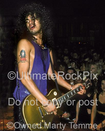 Photo of Slash of Guns N' Roses playing a Les Paul at The Troubadour in 1990 in Hollywood, California by Marty Temme