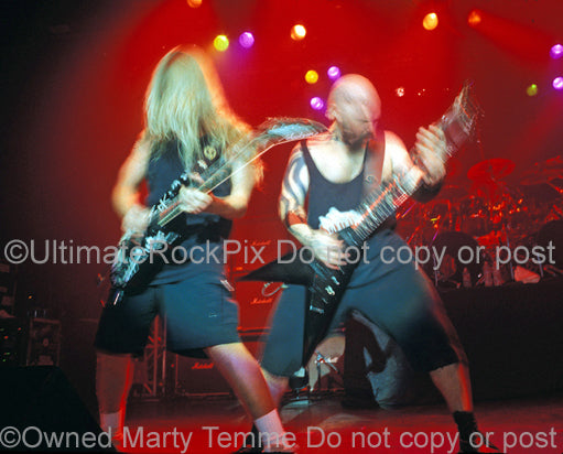 Photo of Kerry King and Jeff Hanneman of Slayer in concert by Marty Temme