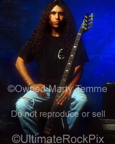 Photo of singer and bassist Tom Araya of Slayer during a photo shoot in 1990 by Marty Temme