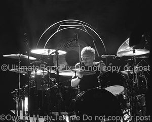 Black and white photo of Matt Sorum of Velvet Revolver, Guns N' Roses and The Cult in concert by Marty Temme