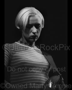 Black and white photo of D'arcy Wretzky of Smashing Pumpkins in concert in 1994 by Marty Temme