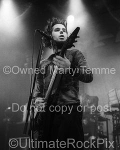 Black and white photo of Wayne Static of Static-X in concert by Marty Temme