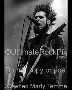 Black and white photo of Wayne Static of Static-X in concert in 2001 by Marty Temme