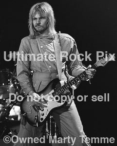 Black and white photo of James "JY" Young of Styx playing a Stratocaster in concert in 1979 by Marty Temme