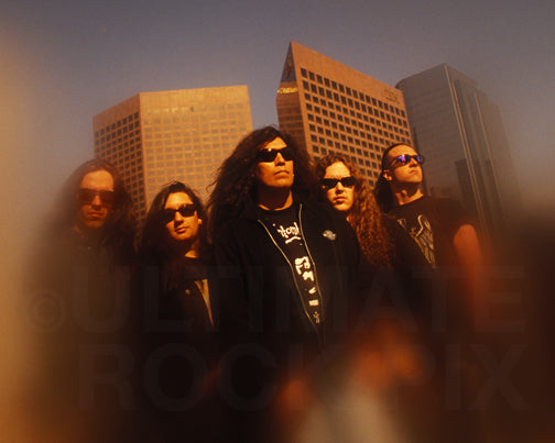 Photo of Greg Christian, Eric Peterson, Chuck Billy, James Murphy and Jon Dette of the band Testament during a photo shoot in 1994 by Marty Temme