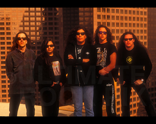 Photo of Greg Christian, Eric Peterson, Chuck Billy, Jon Dette and James Murphy of Testament during a photo shoot in 1994 by Marty Temme