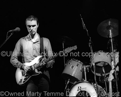 Black and white photo of David Byrne of Talking Heads onstage in 1979 by Marty Temme
