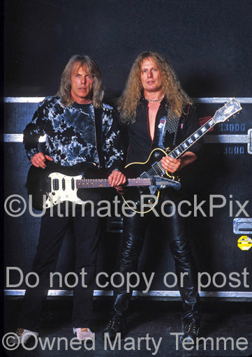 Photo of Scott Gorham and John Sykes of Thin Lizzy backstage in 2004 by Marty Temme