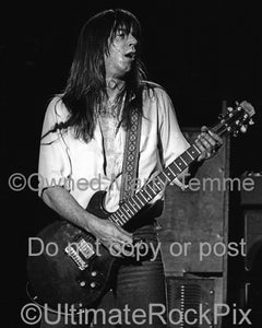 Black and white photo of Pat Travers in concert in 1979 by Marty Temme