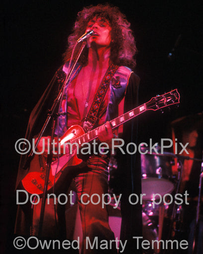 Photo of singer Marc Bolan of T. Rex in concert in 1973 by Marty Temme