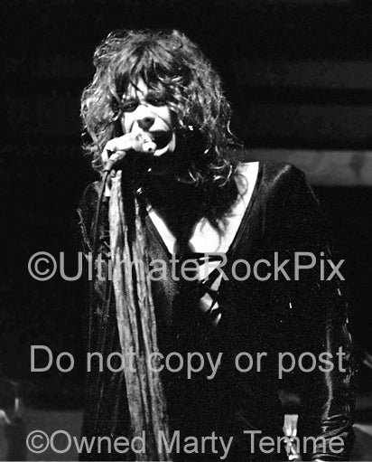Black and white photo of Steven Tyler of Aerosmith in 1974 by Marty Temme