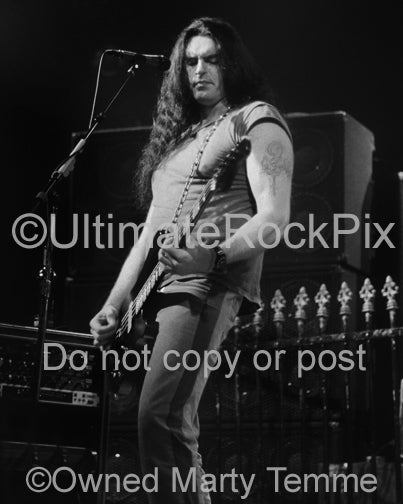 Black and white photo of Peter Steele of Type O Negative performing in concert by Marty Temme