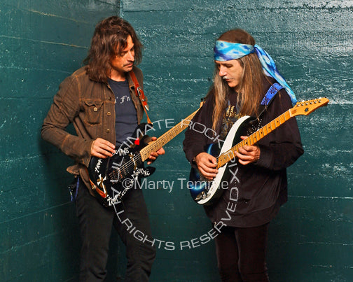Photo of Warren DeMartini and Uli Jon Roth during a photo shoot by photographer Marty Temme