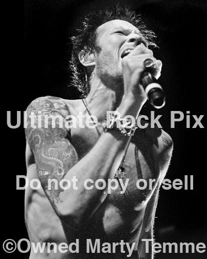 Black and white photo of Scott Weiland of Velvet Revolver in concert in 2007 by Marty Temme