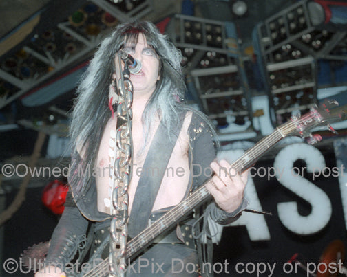 Photo of singer Blackie Lawless of W.A.S.P. in concert in 1985 by Marty Temme