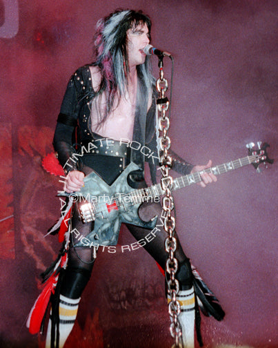Photo of musician Blackie Lawless of W.A.S.P. in concert in 1985 by Marty Temme