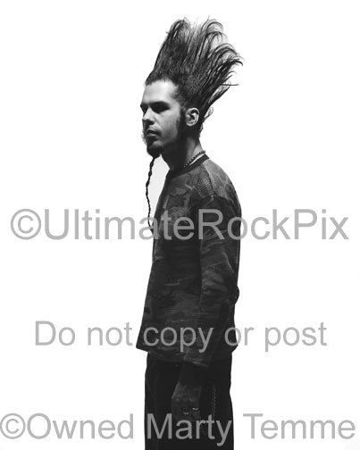 Black and white photo of Wayne Static of Static-X during a photo shoot by Marty Temme
