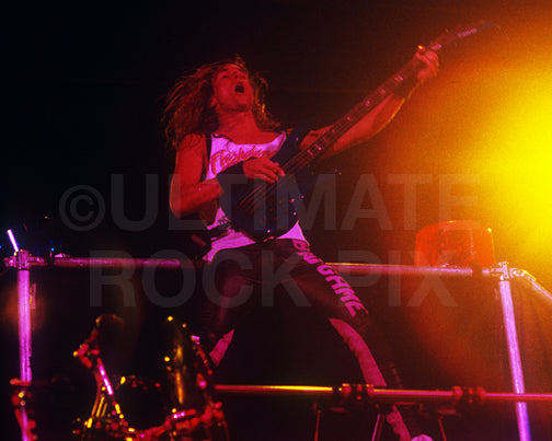 Photo of bassist James LoMenzo of White Lion in concert in 1989 by Marty Temme