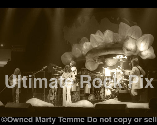 Sepia tint art print of the progressive rock band Yes in concert in 1975 by Marty Temme