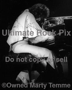 Photo of keyboard player Patrick Moraz of Yes in concert in 1975 by Marty Temme