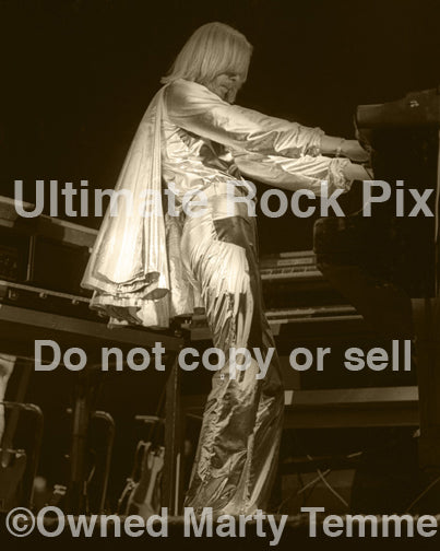Sepia tint photo of Rick Wakeman of Yes in concert in 1978 by Marty Temme