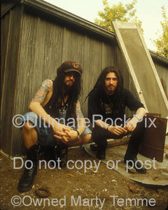 Photo of Rob Zombie and Jay Yuenger of White Zombie during a photo shoot in 1993 by Marty Temme